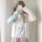 Cat Print Colour Block Long-sleeve Sweatshirt