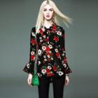 Bell-sleeve Floral Silk Blouse