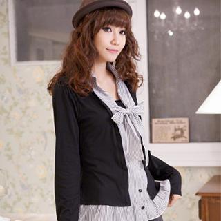 Striped Mock Two-piece Tie-neck Blouse