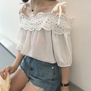 Crochet Lace Trim Cold Shoulder 3/4-sleeve Top