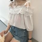 Crochet Lace Trim Cold Shoulder 3/4-sleeve Top