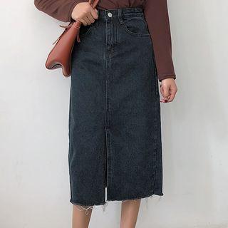 A-line Slit Midi Denim Skirt