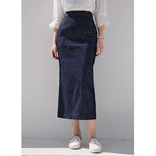 Pintuck Denim Long Pencil Skirt