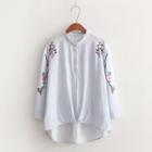Floral Embroidered Striped Stand Collar Shirt