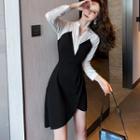 Long-sleeve Two-tone Henley Mini A-line Dress