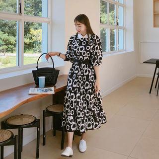 Balloon-sleeve Floral Maxi Tiered Dress With Belt Black - One Size