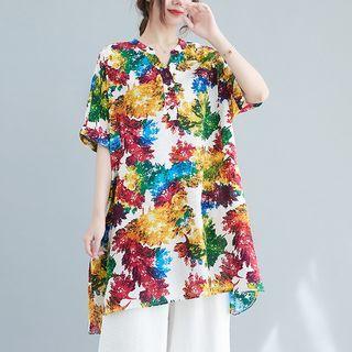 Short-sleeve Leaf Print Blouse / Wide Leg Cropped Pants / Set