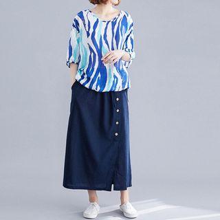 Elbow-sleeve Print Top / Midi Skirt
