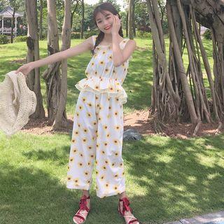 Set: Floral Print Tank Top + Wide Leg Pants