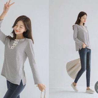 Long-sleeve Contrast-trim Buttoned Stripe T-shirt