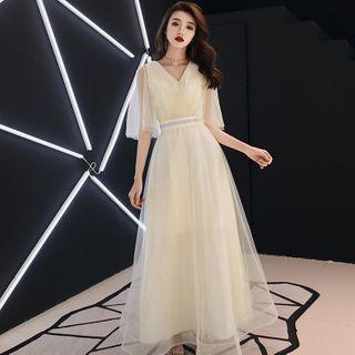 Elbow-sleeve Mesh A-line Gown