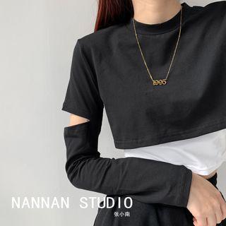 Cutout-sleeve Mock Two-piece Crop T-shirt