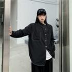 Long-sleeve Contrast Stitching Shirt Black - One Size