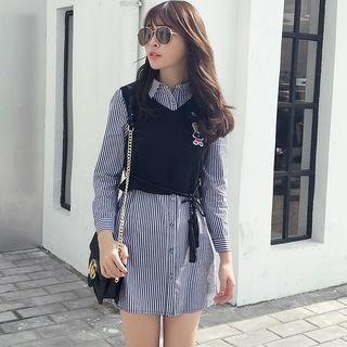Set: Striped Shirtdress + V-neck Vest