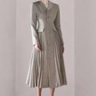 Long-sleeve V-neck Plain Pleated Hem Dress