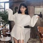 Set: Balloon-sleeve Cardigan + Knit Wrap Skort