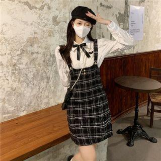 Puff-sleeve Shirt / Plaid Mini Sheath Overall Dress