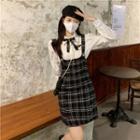 Puff-sleeve Shirt / Plaid Mini Sheath Overall Dress