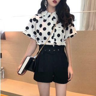 Dot Short-sleeve Shirt / Plain High-waist Shorts