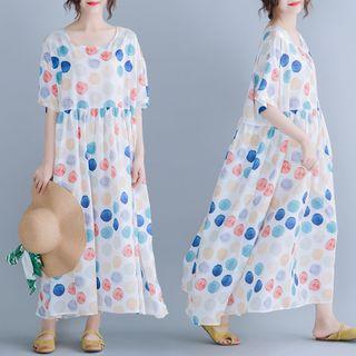 Elbow-sleeve Dotted Midi A-line Dress Milky White - One Size