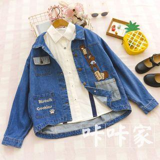 Bear Embroidered Cropped Denim Jacket Denim Blue - One Size