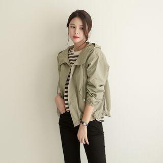 Hooded Snap-button Drawstring-hem Jacket