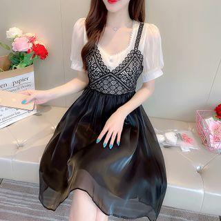 Puff-sleeve Lace-panel Mock Two Piece Dress