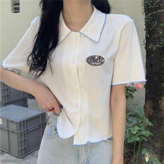 Short-sleeve Collared Lettering Embroidered Top