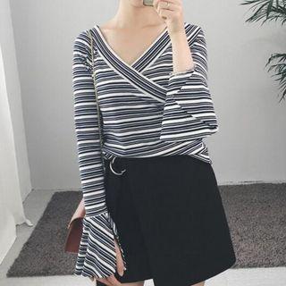 Striped V-neck Bell-sleeve T-shirt