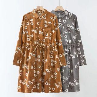 Long-sleeve Floral Print Corduroy Shirtdress