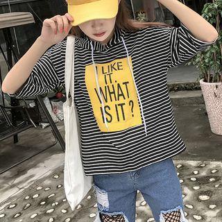 Striped Elbow-sleeve Hooded T-shirt