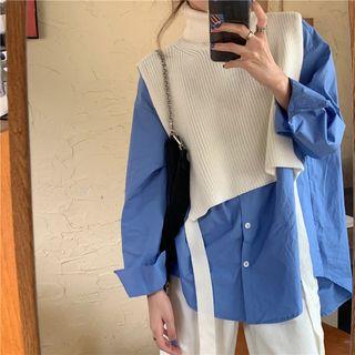 Plain Shirt / Turtleneck Ribbed Knit Cropped Vest