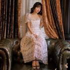 Square Neck Short-sleeve Maxi A-line Lace Dress