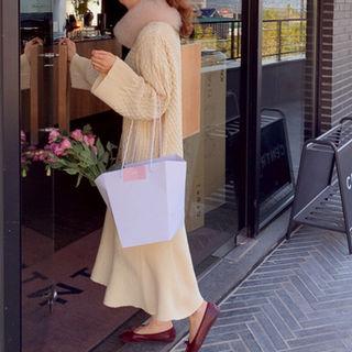 Round-neck Ruffle-hem Cable-knit Dress Light Beige - One Size