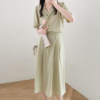 V-neck Plain Button-up Blouse / High-waist Plain A-line Skirt