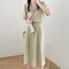 V-neck Plain Button-up Blouse / High-waist Plain A-line Skirt