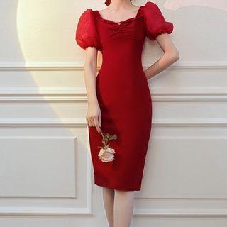 Puff-sleeve Sheath Evening Dress