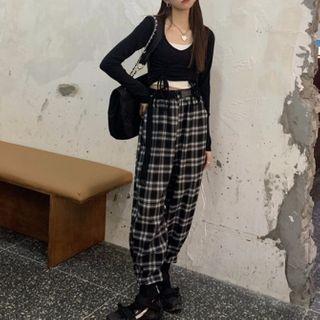 Long-sleeve Crop Top / Plaid Harem Pants