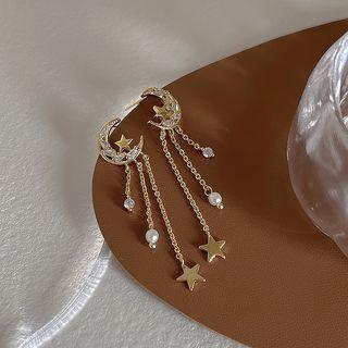 Moon & Star Rhinestone Faux Pearl Alloy Fringed Earring 1 Pair - Gold - One Size
