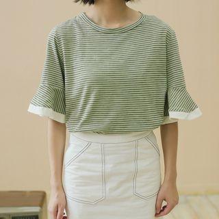 Contrast Trim Bell Short Sleeve Striped Top