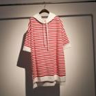 Hooded Striped 3/4 Sleeve T-shirt Dress