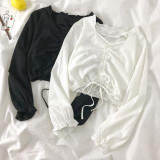Long-sleeve Frill Trim Drawstring Crop Top