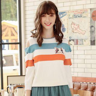 Cat Embroidered Striped Cut-out 3/4-sleeve Knit Top