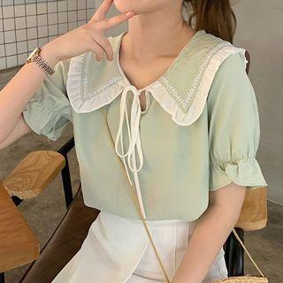 Short-sleeve Frill Trim Wide Collar Chiffon Top