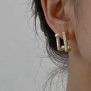 Geometric Ear Stud 1 Pair - Gold & White - One Size
