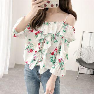Off-shoulder Ruffled-trim Floral Top As Figure - One Size