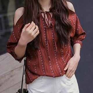 Cold Shoulder Printed 3/4-sleeve Blouse
