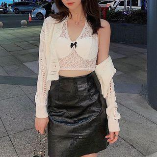 Lace Cropped Halter Top / Pointelle Knit Cardigan / Croc Grain Faux Leather Mini Pencil Skirt