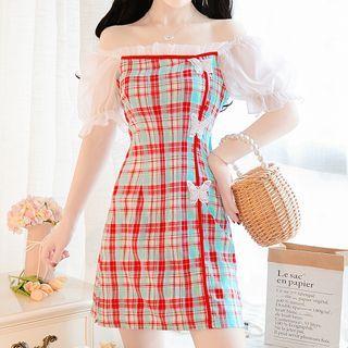 Short-sleeve Off-shoulder Plaid Mini Sheath Dress