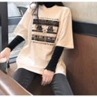 Printed Elbow-sleeve T-shirt / Mock-turtleneck Long-sleeve Top